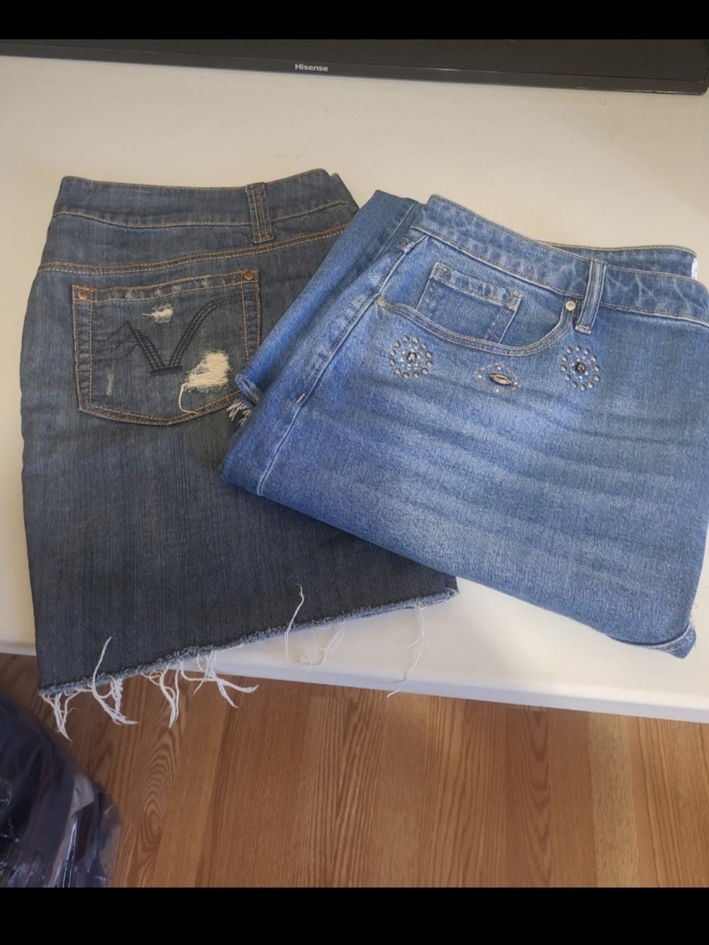 Lane Bryant Blue Denim Embellished Maxi Skirt & Torrid Distressed Mini Skirt